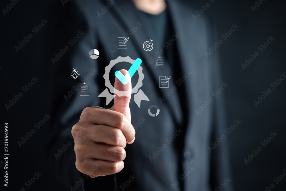 Leinwandbilder Quality Certificate and Checklist and analyst target marketing planning assignment with quality management. Standardization, certification. Compliance to regulations service and standards.