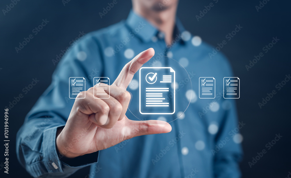 Fototapete Quality Certificate and Checklist document analyst target marketing planning assignment with quality management. Standardization, certification. Compliance to regulations service and standards.