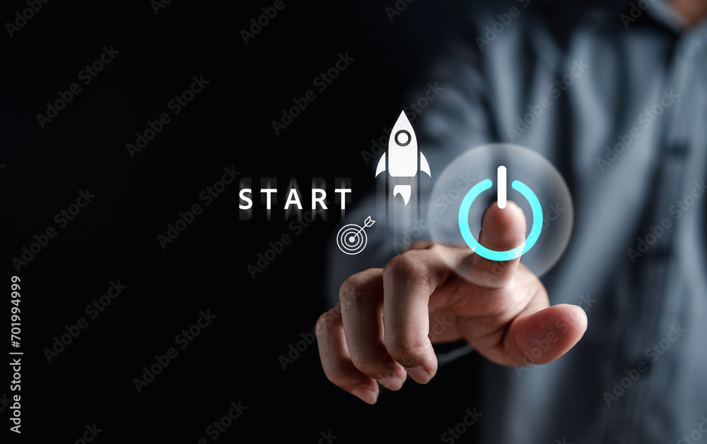 Aufkleber business hand start rocket launch. strategically planning and initiating a corporate startup. aim to