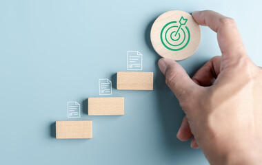 Business growth success achievement concept, hand arranging stack as step stair or ladder for...