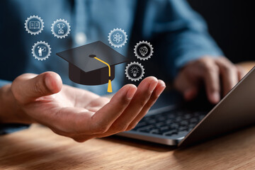 E-learning online class on virtual screen, watching video on internet, webinar online, education on...