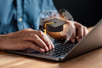 E-learning online class on virtual screen, watching video on internet, webinar online, education on...