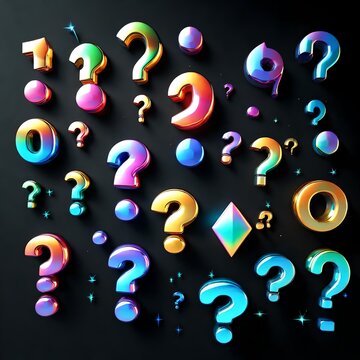 3D Trendy holographic symbols. Crystal glass element. Glossy iridescent question, exclamation marks, asterisk. Overlay dispersion light. Rainbow gradient icon on black background. 3D Rendering