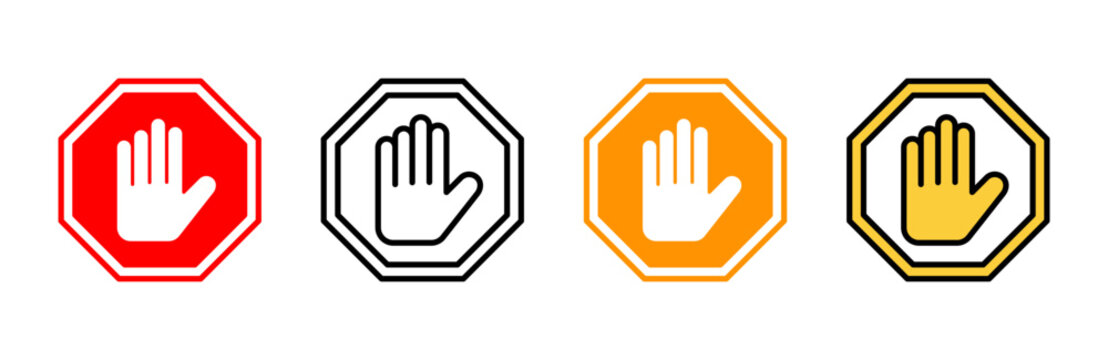 Stop icon set vector. stop road sign. hand stop sign and symbol. Do not enter stop red sign with hand