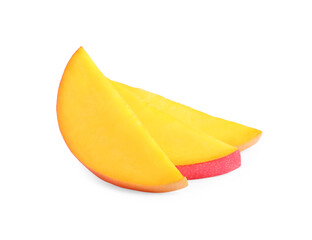 Juicy mango slices on white background. Tropical fruit