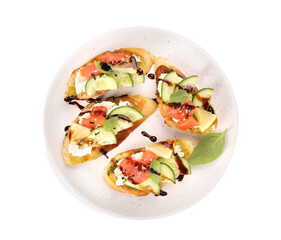 Delicious bruschettas with balsamic vinegar and toppings isolated on white, top view