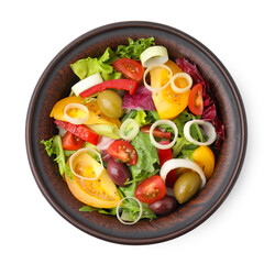 Bowl of tasty salad with leek and olives isolated on white, top view