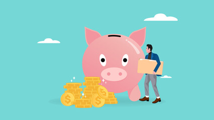 businessman holding investment document with piggy bank and golden coin illustration, investment management, Mutual fund or growing investment, wealth profit growth, savings or wealth management