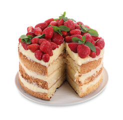 Tasty cake with fresh strawberries and mint isolated on white