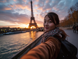 A Photo Of A Solo Traveler A Young Asian Woman Taking A Selfie With The Eiffel Tower In Paris At Sunset