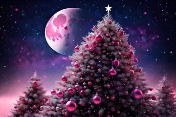 Christmas tree with bolls which look like the moon in space background, sky with the biggest silver...