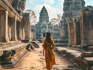 Naklejka premium A Photo Of A Middle-Eastern Woman Exploring The Historic Temples Of Angkor Wat Cambodia