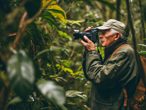 A Photo Of A Caucasian Senior Man Photographing Wildlife In The Amazon Rainforest Brazil