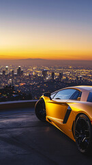 A vibrant yellow supercar parked at a viewpoint overlooking a sprawling cityscape at dusk
