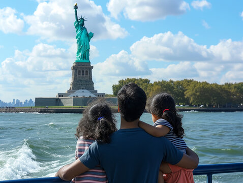 A Photo Of A South Asian Family Taking A Boat Tour Around The Statue Of Liberty New York City USA