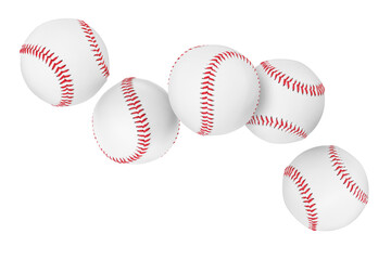 Many baseball balls flying on white background