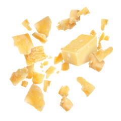 Tasty parmesan cheese falling on white background
