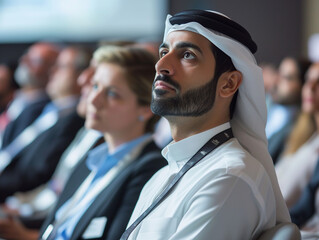 A Photo Of A Middle-Eastern Businessman Attending A Conference In Dubai UAE