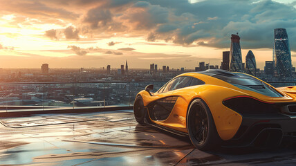 An amber supercar parked on a rooftop overlooking a sprawling city