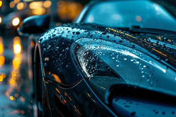 Close-up of a supercar with droplets of rain over its meticulous detailing