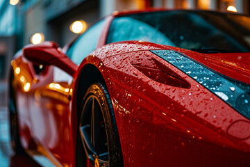 Close-up of a supercar with droplets of rain over its meticulous detailing