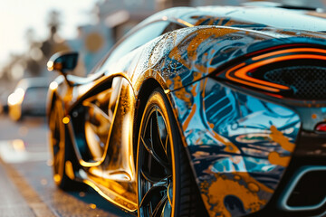 Close-up of a supercar with intricate, custom airbrush artwork
