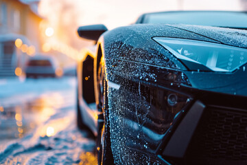 Close-up of a supercar's grille with frost patterns under the cold morning light - obrazy, fototapety, plakaty