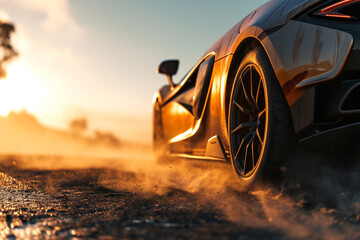 Close-up of the supercar's exhaust as it speeds away, leaving a trail of dust