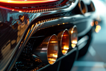 Close-up of a supercar's tailpipe, with a hint of fire as it accelerates