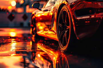 Reflection of a fiery sunset on the polished surface of a supercar