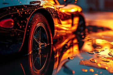 Schilderijen op glas Reflection of a fiery sunset on the polished surface of a supercar © Zeeshan Qazi
