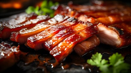 Close up of grilled pork belly meat - obrazy, fototapety, plakaty