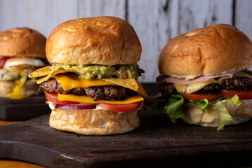 Homemade fresh meat burgers with potato bread with egg bacon tomato lettuce onion cheddar cheese ham dressings different varieties with fries fast food
