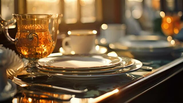 Closeup of the delicate china and silverware on the dining table, highlighting the elegance and refinement of the trains dining experience.
