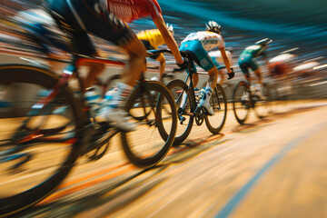 Convey the velocity of a group of cyclists in an Olympic velodrome with dynamic motion blur. Focus on the blurring effect to create a sense of speed. - obrazy, fototapety, plakaty