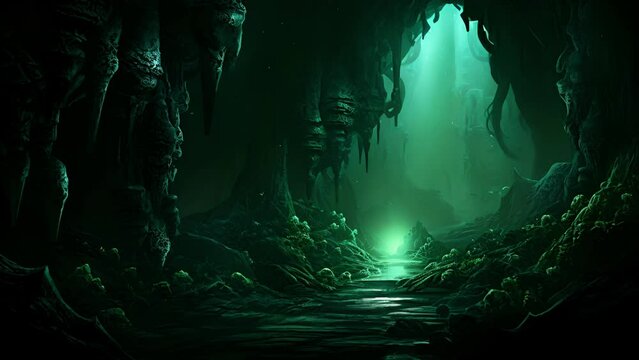 Descend into the depths of an otherworldly cave where stalactites pulsate with bioluminescent glow, and mythical creatures lurk in the shadows.