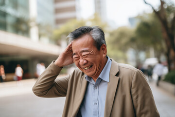 senior old man happy expression outdoors in a city. ai generated