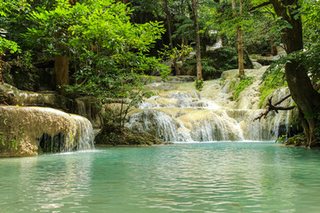 Erawan National Park, Thailand. Erawan Waterfall is popular tourist destination