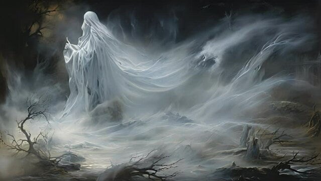 A ghostly apparition surrounded by an icy wind portending a grim fate.