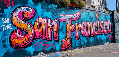 Welcome to San Francisco, California, USA. Colorful graffiti text sign San Francisco written on a cement highway wall. Urban trendy graffiti art with happy pink, blue for tourism vacation by Vita - obrazy, fototapety, plakaty