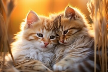 Couple of cute kittens, romance concept. Background with selective focus and copy space