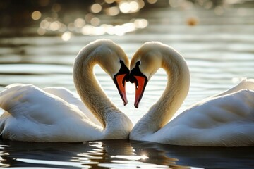 Two swans form a heart. Background with selective focus and copy space