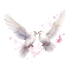 Two white watercolor doves in love