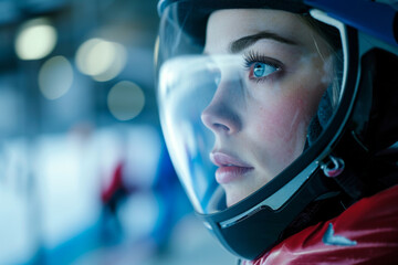 Capture the concentration of a luge athlete at the start line, ready for the descent. Emphasize the...
