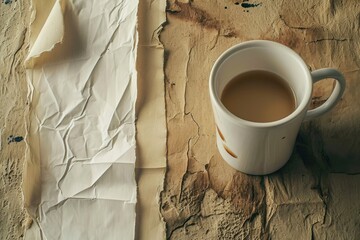 Torn white paper on crinkled beige background with a cup of coffee, ideal for cozy lifestyle themes or writing concepts.