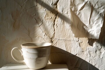 Shadow-play on a white textured wall with a ceramic cup, ideal for themes of solitude or contemplative moments.