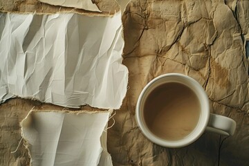 Torn white paper on crinkled beige background with a cup of coffee, ideal for cozy lifestyle themes or writing concepts.