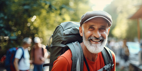 Smiling elderly man with backpack travels and discovers new places and cultures. Happy retirement, travel, vacation, trip, healthy active lifestyle - obrazy, fototapety, plakaty