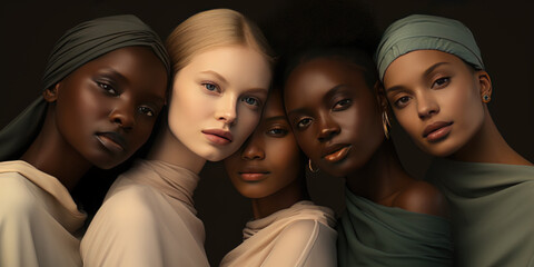 Several women posing together, in the style of feminine beauty, multicultural. multiracial