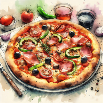 a pizza in a plate placed on a table background wallpaper with watercolor art technique